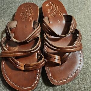 Unisex Jerusalem Biblical Style Sandals Genuine Camel Leather Crossed Stripes